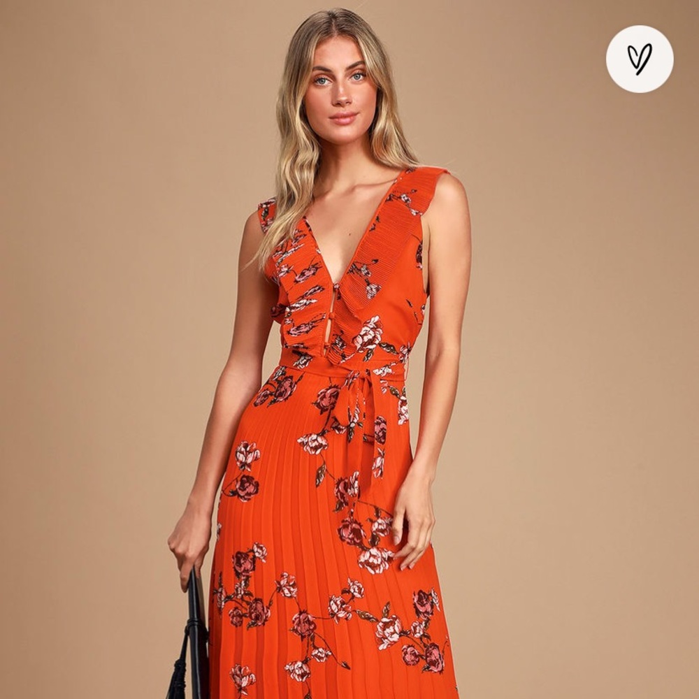 Lulus Loved By You Red Orange Floral Print Pleated Chiffon Maxi Dress